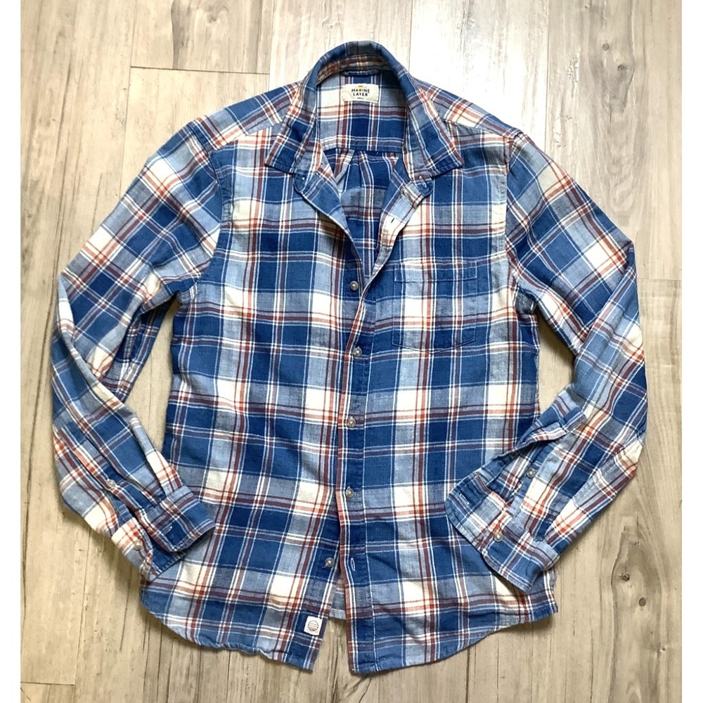 Marine Layer Shirt Mens Blue Plaid Button Down Cotton Long Sleeve Shirt - Small
